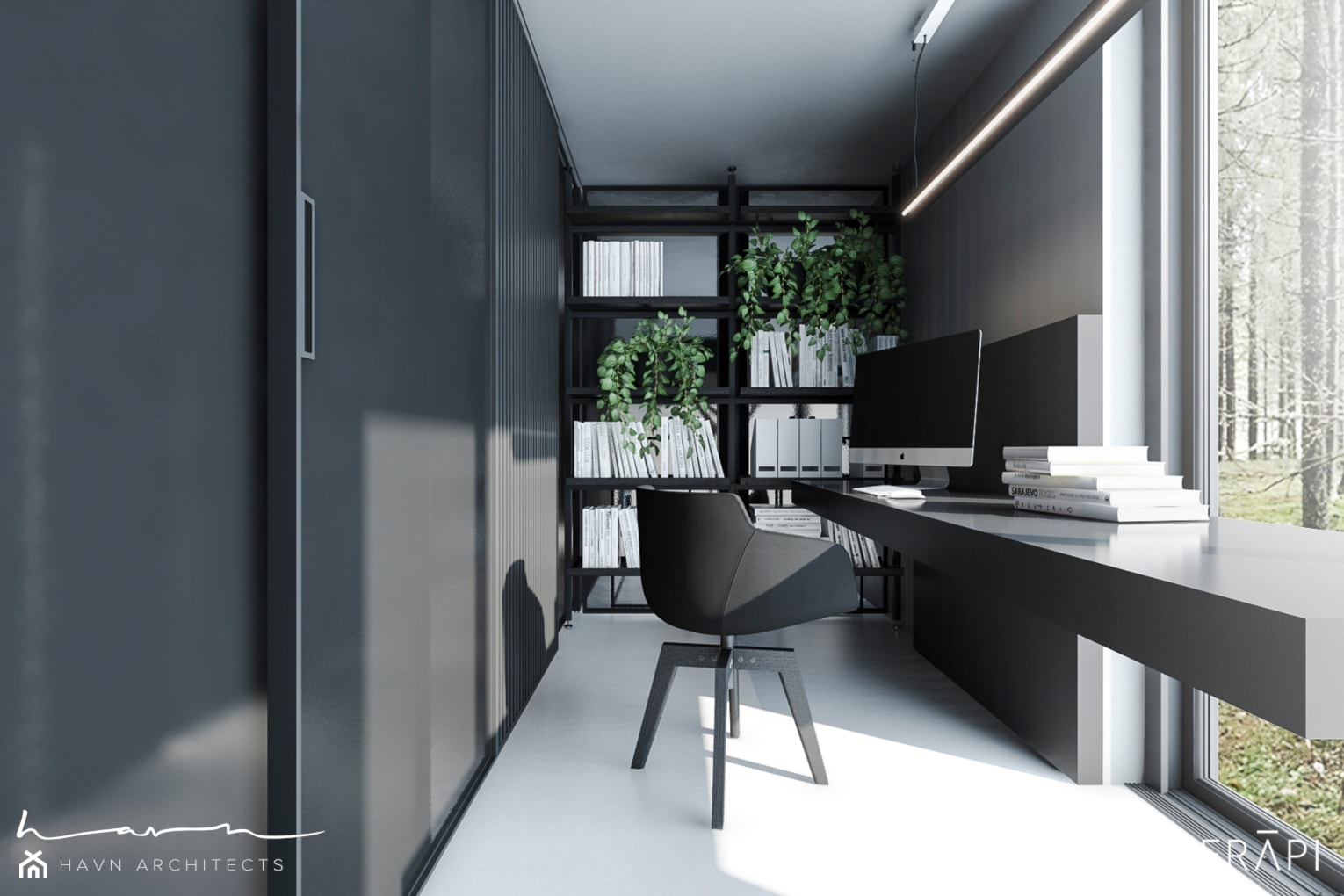Projekt domu / Sztokholm - Małe w osobnym pomieszczeniu z zabudowanym biurkiem szare biuro, styl minimalistyczny - zdjęcie od Merapi Architects - Homebook