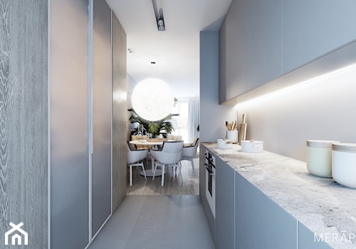 Projekt mieszkania / Warszawa Wilanów - Średnia otwarta szara z zabudowaną lodówką kuchnia dwurzędowa z oknem, styl minimalistyczny - zdjęcie od Merapi Architects