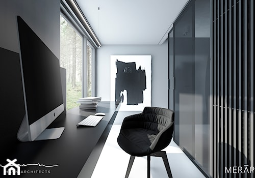 Projekt domu / Sztokholm - Małe w osobnym pomieszczeniu z zabudowanym biurkiem czarne szare biuro, styl minimalistyczny - zdjęcie od Merapi Architects