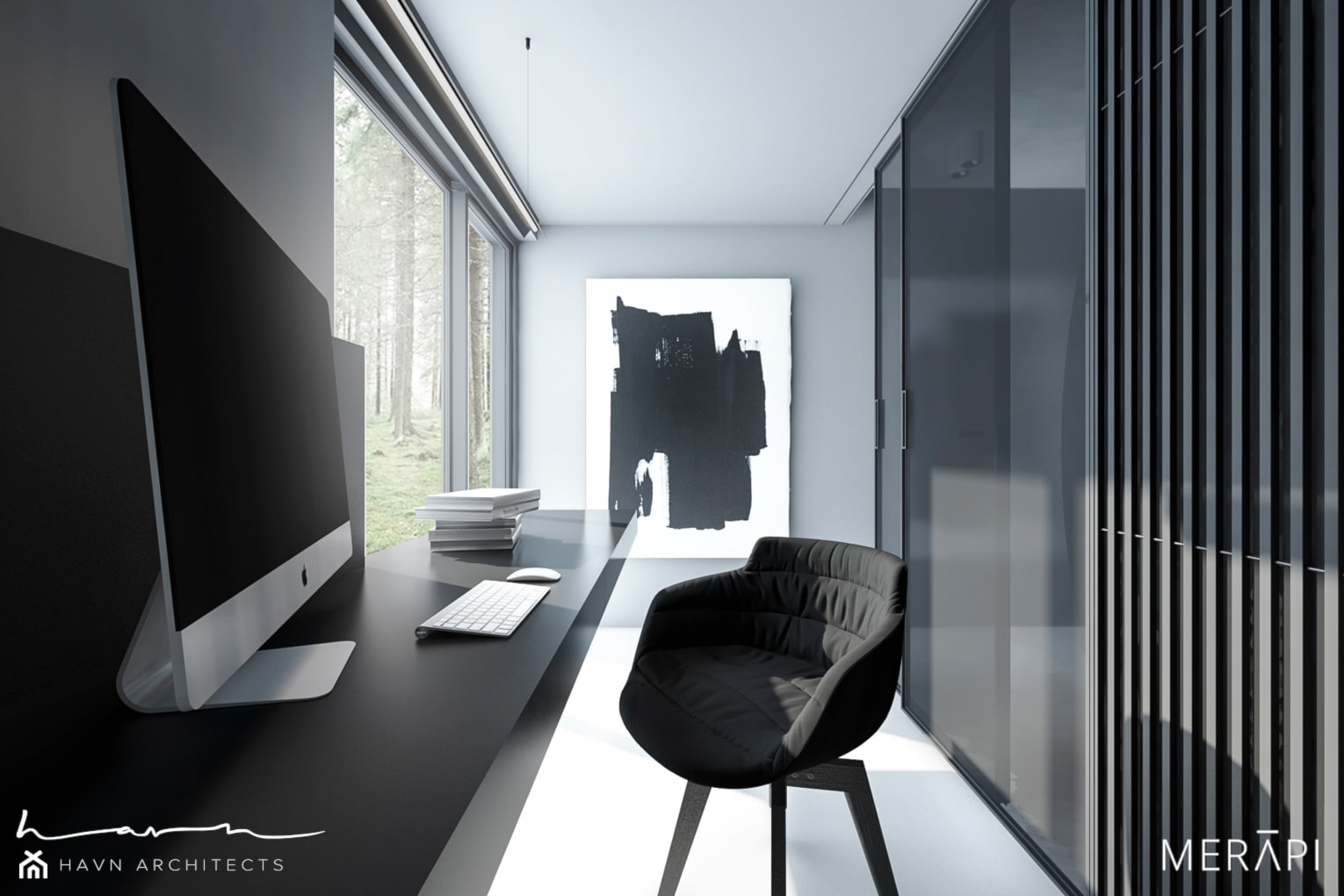 Projekt domu / Sztokholm - Małe w osobnym pomieszczeniu z zabudowanym biurkiem czarne szare biuro, styl minimalistyczny - zdjęcie od Merapi Architects - Homebook