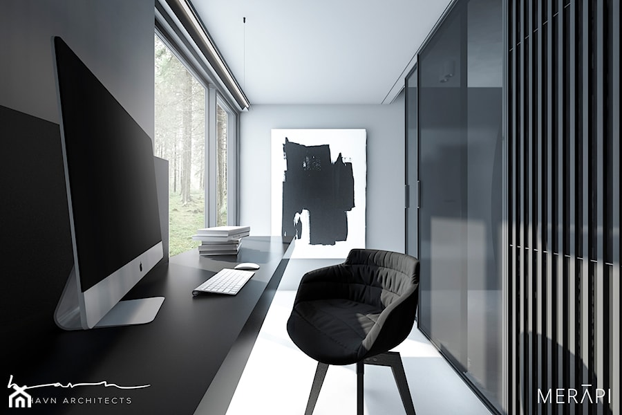 Projekt domu / Sztokholm - Małe w osobnym pomieszczeniu z zabudowanym biurkiem czarne szare biuro, styl minimalistyczny - zdjęcie od Merapi Architects