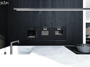 Projekt mieszkania / Gdańsk - Średnia otwarta czarna z zabudowaną lodówką z podblatowym zlewozmywakiem kuchnia z wyspą lub półwyspem, styl minimalistyczny - zdjęcie od Merapi Architects