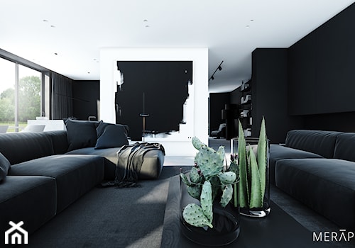 Projekt mieszkania / Gdańsk - Duży biały czarny salon z kuchnią z jadalnią z tarasem / balkonem z bibiloteczką, styl minimalistyczny - zdjęcie od Merapi Architects