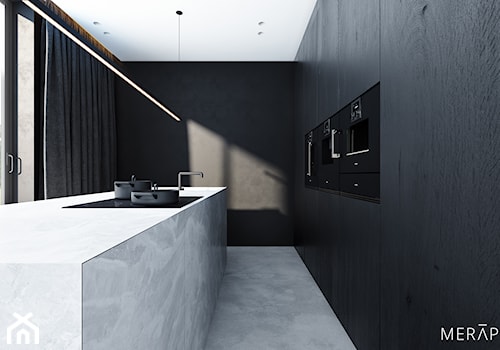 Projekt mieszkania / Gdańsk - Duża otwarta czarna z zabudowaną lodówką z podblatowym zlewozmywakiem kuchnia dwurzędowa z oknem z marmurową podłogą, styl minimalistyczny - zdjęcie od Merapi Architects