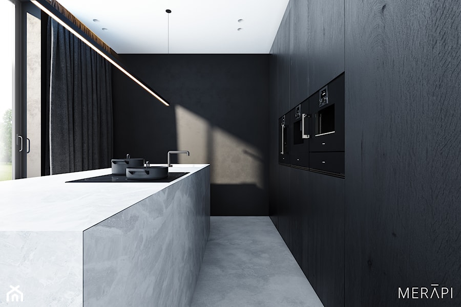 Projekt mieszkania / Gdańsk - Duża otwarta czarna z zabudowaną lodówką z podblatowym zlewozmywakiem kuchnia dwurzędowa z oknem z marmurową podłogą, styl minimalistyczny - zdjęcie od Merapi Architects