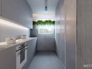 Projekt mieszkania / Warszawa Wilanów - Średnia otwarta szara z zabudowaną lodówką z podblatowym zlewozmywakiem kuchnia w kształcie litery u z oknem, styl minimalistyczny - zdjęcie od Merapi Architects