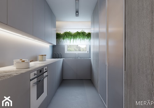 Projekt mieszkania / Warszawa Wilanów - Średnia otwarta szara z zabudowaną lodówką z podblatowym zlewozmywakiem kuchnia w kształcie litery u z oknem, styl minimalistyczny - zdjęcie od Merapi Architects