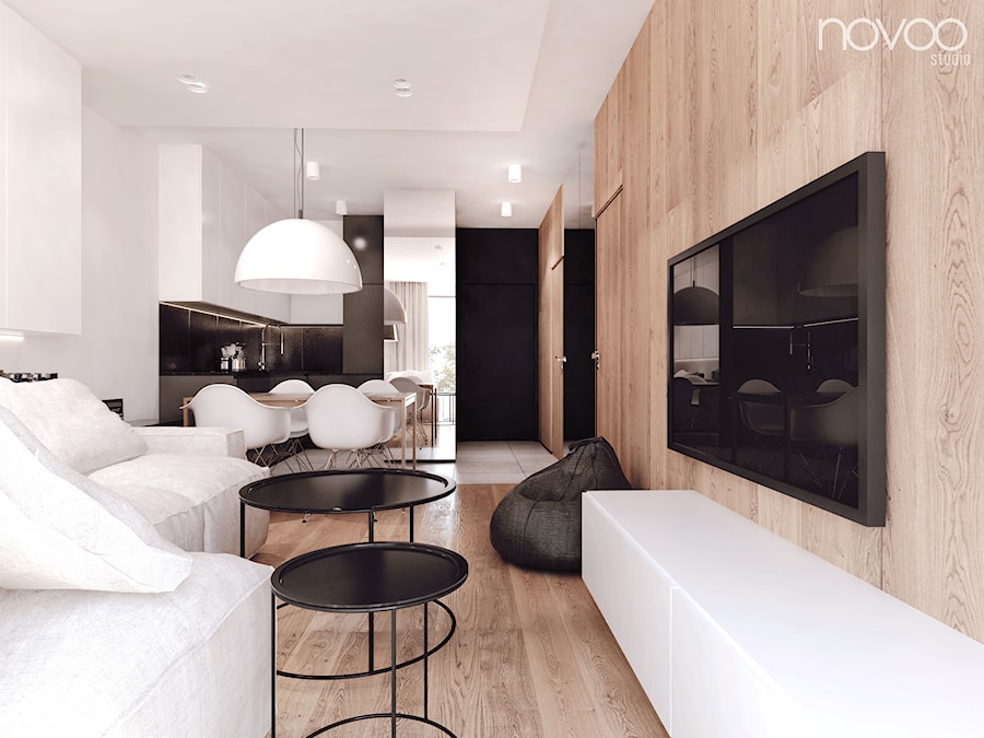 007_17 RZESZÓW - Mały beżowy biały salon z kuchnią z jadalnią, styl nowoczesny - zdjęcie od NOVOO studio