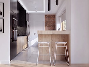 013_18 MIELEC - Średnia otwarta z salonem biała z zabudowaną lodówką kuchnia w kształcie litery l jednorzędowa z oknem z marmurem nad blatem kuchennym, styl nowoczesny - zdjęcie od NOVOO studio