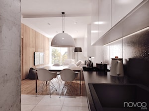 007_17 RZESZÓW - Średnia otwarta z salonem czarna z zabudowaną lodówką z nablatowym zlewozmywakiem kuchnia w kształcie litery l z oknem z marmurem nad blatem kuchennym, styl nowoczesny - zdjęcie od NOVOO studio