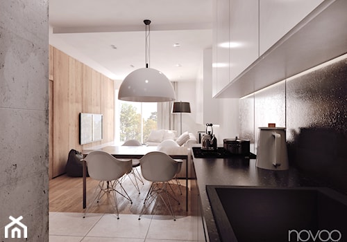 007_17 RZESZÓW - Średnia otwarta z salonem czarna z zabudowaną lodówką z nablatowym zlewozmywakiem kuchnia w kształcie litery l z oknem z marmurem nad blatem kuchennym, styl nowoczesny - zdjęcie od NOVOO studio