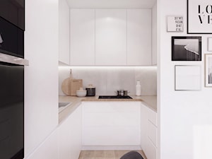 019_18 - Mała otwarta szara z zabudowaną lodówką z nablatowym zlewozmywakiem kuchnia w kształcie litery u, styl skandynawski - zdjęcie od NOVOO studio