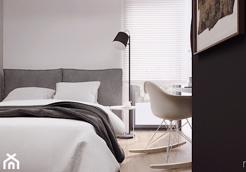 017_18 M24 - Średnia biała czarna z biurkiem sypialnia z balkonem / tarasem, styl minimalistyczny - zdjęcie od NOVOO studio