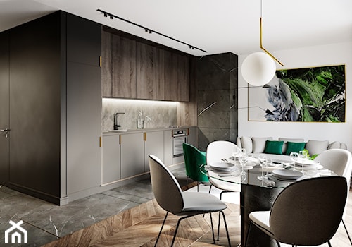 Projekt wnętrz mieszkania w kamienicy - Średnia biała czarna jadalnia w salonie w kuchni, styl nowoczesny - zdjęcie od JMW Architekci