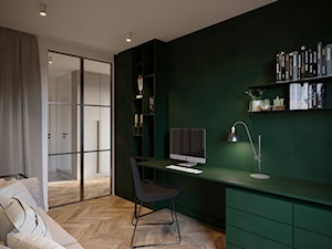 APARTAMENT - KLASYCZNA ELEGANCJA W NOWOCZESNYM WYDANIU - Średnie w osobnym pomieszczeniu z sofą z zabudowanym biurkiem białe zielone biuro, styl nowoczesny - zdjęcie od JMW Architekci