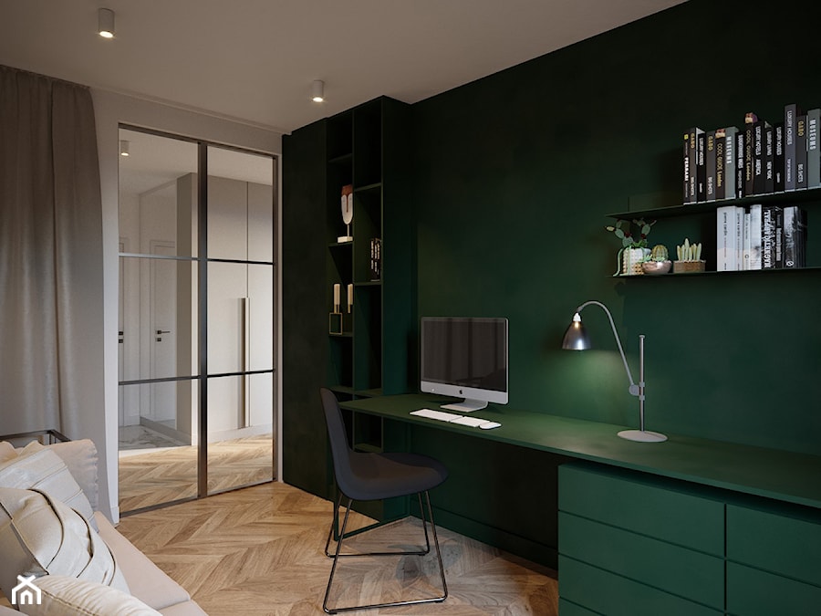 APARTAMENT - KLASYCZNA ELEGANCJA W NOWOCZESNYM WYDANIU - Średnie w osobnym pomieszczeniu z sofą z zabudowanym biurkiem białe zielone biuro, styl nowoczesny - zdjęcie od JMW Architekci