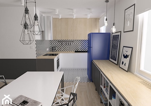Mieszkanie / metal + geometryczne wzory - Mała otwarta z salonem biała z zabudowaną lodówką z lodówką wolnostojącą z nablatowym zlewozmywakiem kuchnia w kształcie litery l z oknem, styl industrialny - zdjęcie od Moble.Projekt