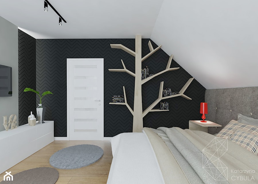 Dom 120 m2 pod Krakowem - Średnia biała czarna szara sypialnia na poddaszu, styl nowoczesny - zdjęcie od INNers - architektura wnętrza
