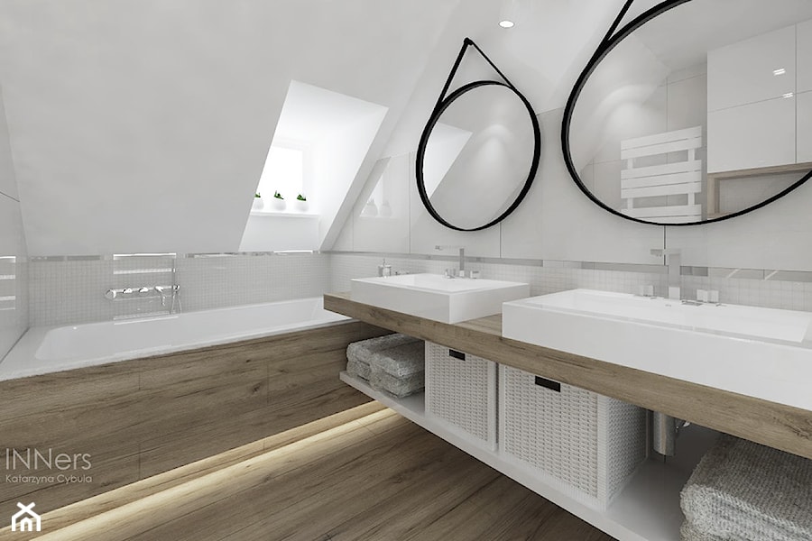Łazienka / Poznań - Na poddaszu z dwoma umywalkami łazienka, styl skandynawski - zdjęcie od INNers - architektura wnętrza