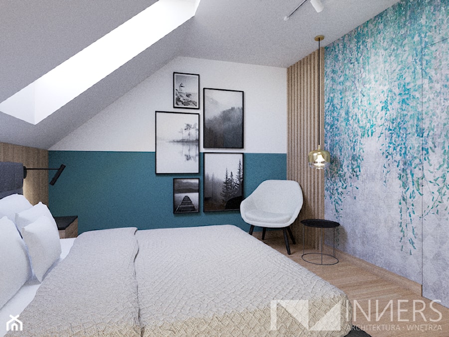Turkusowa sypialnia na poddaszu - zdjęcie od INNers - architektura wnętrza
