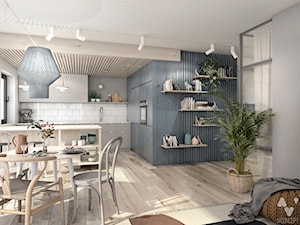 Olimpia Port - Średnia otwarta z salonem szara z zabudowaną lodówką kuchnia w kształcie litery l z oknem, styl skandynawski - zdjęcie od N'concept