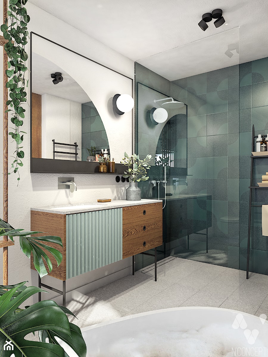 Oborniki Śląskie - Średnia bez okna z lustrem z punktowym oświetleniem łazienka, styl nowoczesny - zdjęcie od N'concept