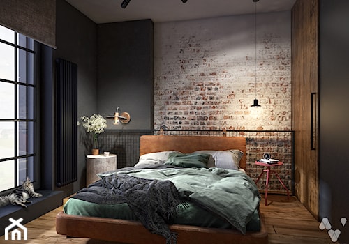 Stary Spichlerz - Średnia brązowa czarna sypialnia, styl industrialny - zdjęcie od N'concept