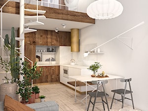 Mieszkanie wzorcowe3 - Z salonem biała z zabudowaną lodówką z podblatowym zlewozmywakiem kuchnia w kształcie litery l, styl nowoczesny - zdjęcie od N'concept
