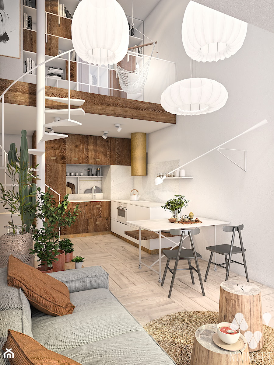 Mieszkanie wzorcowe3 - Z salonem biała z zabudowaną lodówką z podblatowym zlewozmywakiem kuchnia w kształcie litery l, styl nowoczesny - zdjęcie od N'concept