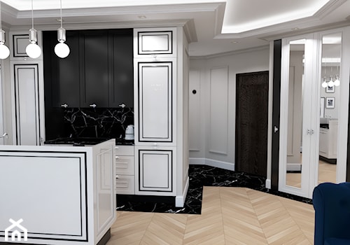 Mieszkanie z widokiem na Poznań 53 m2 - Mała otwarta z salonem biała czarna z zabudowaną lodówką z lodówką wolnostojącą kuchnia dwurzędowa z oknem z marmurem nad blatem kuchennym z marmurową podłogą, styl glamour - zdjęcie od Architekt wnętrz Maria Jachalska