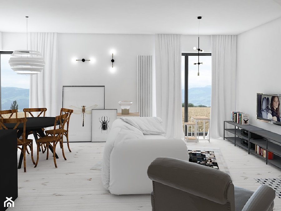 Dom o charakterze skandynawskim - Mały biały salon z jadalnią z tarasem / balkonem, styl skandynawski - zdjęcie od Architekt wnętrz Maria Jachalska