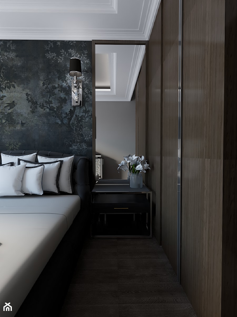 Apartament 105 m2 w widokiem na Poznań - Mała biała czarna sypialnia, styl glamour - zdjęcie od Architekt wnętrz Maria Jachalska