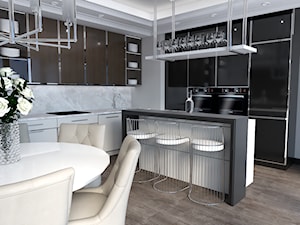 Apartament 105 m2 w widokiem na Poznań - Duża otwarta szara z zabudowaną lodówką kuchnia w kształcie litery l z wyspą lub półwyspem z marmurem nad blatem kuchennym, styl glamour - zdjęcie od Architekt wnętrz Maria Jachalska
