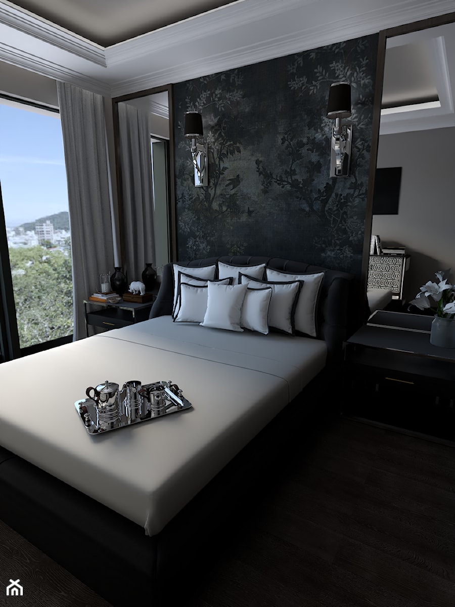 Apartament 105 m2 w widokiem na Poznań - Średnia czarna szara sypialnia, styl glamour - zdjęcie od Architekt wnętrz Maria Jachalska