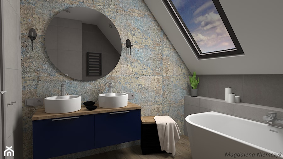 ŁAZIENKA (beton patchwork) - Średnia na poddaszu z lustrem z dwoma umywalkami łazienka z oknem, styl nowoczesny - zdjęcie od MEGART Projekty Wnętrz