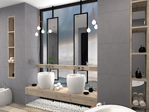 Łazienka w betonie i drewnie - Średnia bez okna z lustrem z dwoma umywalkami z punktowym oświetleniem łazienka - zdjęcie od MEGART Projekty Wnętrz