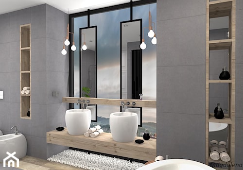 Łazienka w betonie i drewnie - Średnia bez okna z lustrem z dwoma umywalkami z punktowym oświetleniem łazienka - zdjęcie od MEGART Projekty Wnętrz