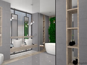 Łazienka w betonie i drewnie - Duża bez okna jako pokój kąpielowy z lustrem z dwoma umywalkami z punktowym oświetleniem łazienka - zdjęcie od MEGART Projekty Wnętrz
