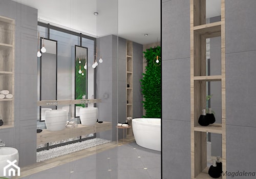 Łazienka w betonie i drewnie - Duża bez okna jako pokój kąpielowy z lustrem z dwoma umywalkami z punktowym oświetleniem łazienka - zdjęcie od MEGART Projekty Wnętrz