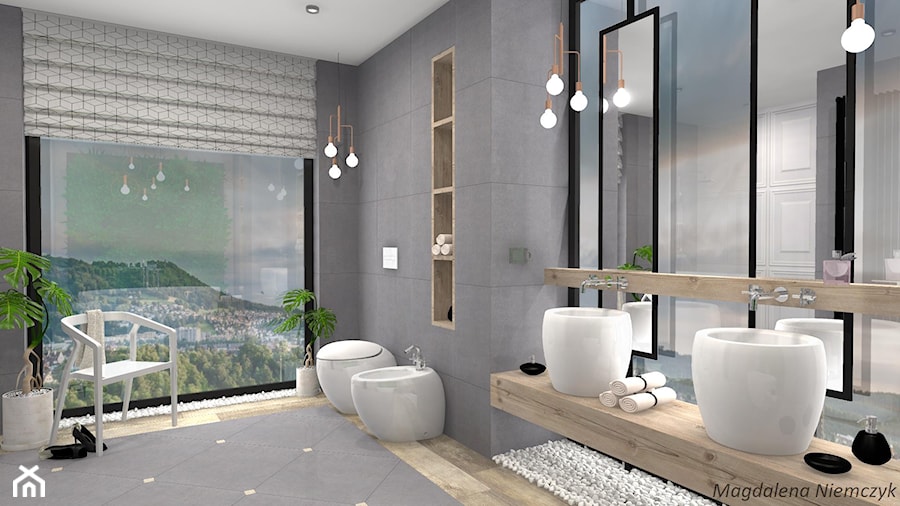 Łazienka w betonie i drewnie - Średnia jako pokój kąpielowy z lustrem z dwoma umywalkami z punktowym oświetleniem łazienka z oknem - zdjęcie od MEGART Projekty Wnętrz