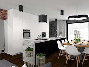 Salon z kuchnią - Średnia otwarta czarna szara z zabudowaną lodówką z podblatowym zlewozmywakiem kuchnia dwurzędowa z wyspą lub półwyspem z oknem - zdjęcie od MEGART Projekty Wnętrz