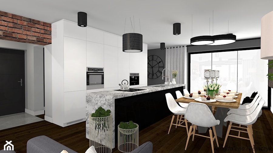 Salon z kuchnią - Średnia otwarta czarna szara z zabudowaną lodówką z podblatowym zlewozmywakiem kuchnia dwurzędowa z wyspą lub półwyspem z oknem - zdjęcie od MEGART Projekty Wnętrz