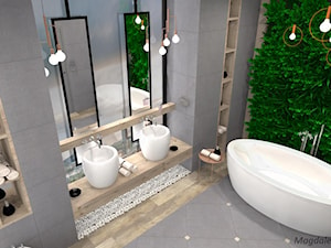 Łazienka w betonie i drewnie - Średnia bez okna z lustrem z dwoma umywalkami łazienka - zdjęcie od MEGART Projekty Wnętrz