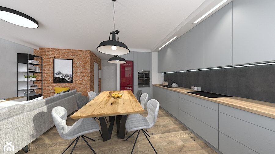 Mieszkanie w industrialnym stylu - Duża otwarta z salonem czarna szara z zabudowaną lodówką z nablatowym zlewozmywakiem kuchnia jednorzędowa - zdjęcie od STUDIO ARCHI S