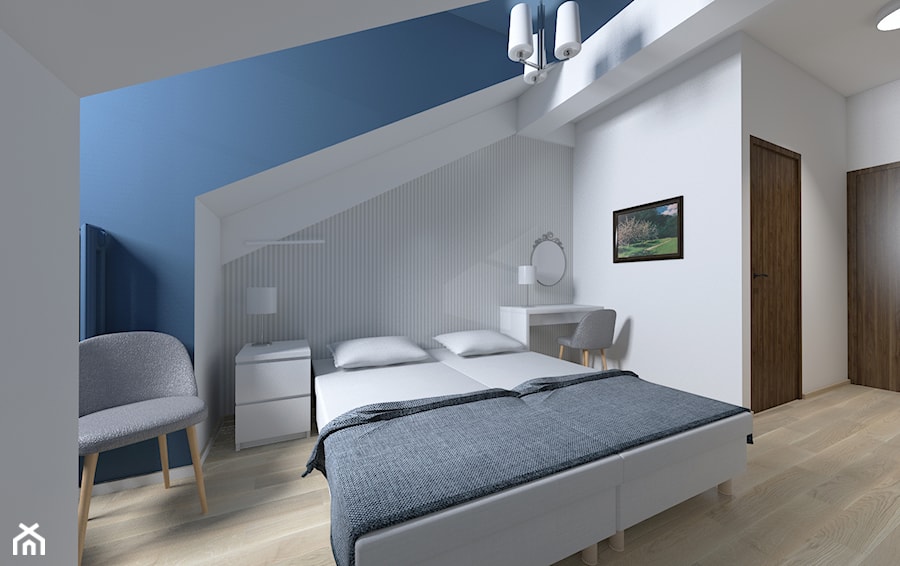 Projekt pokoju hotelowego w Krakowie - Średnia biała niebieska szara sypialnia na poddaszu - zdjęcie od STUDIO ARCHI S