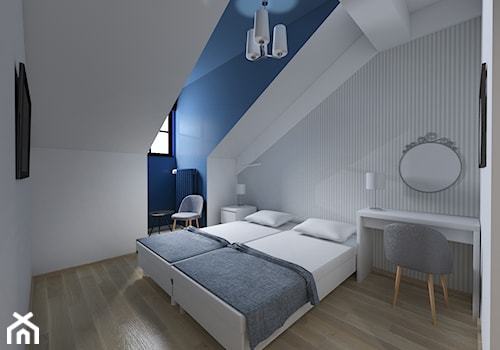 Projekt pokoju hotelowego w Krakowie - Średnia biała niebieska szara sypialnia na poddaszu - zdjęcie od STUDIO ARCHI S
