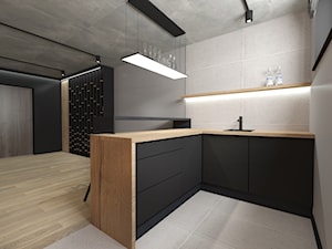 Projekt klubowej piwnicy - Średnia otwarta biała szara z zabudowaną lodówką z podblatowym zlewozmywakiem kuchnia w kształcie litery l z oknem - zdjęcie od STUDIO ARCHI S