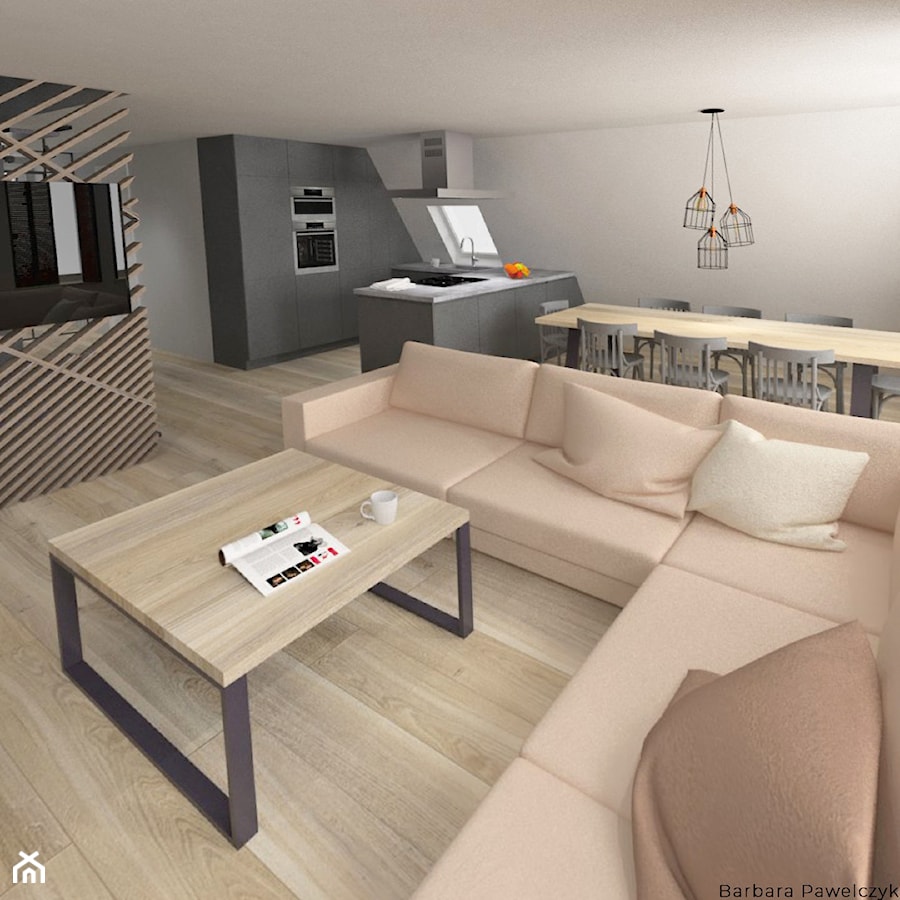Mieszkanie na poddaszu - projekt - Średni biały salon z kuchnią z jadalnią, styl nowoczesny - zdjęcie od Barbara Pawelczyk