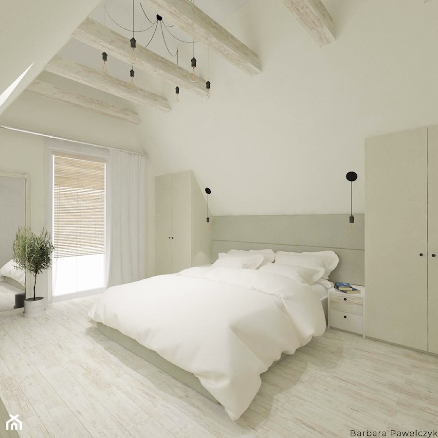 Mieszkanie na poddaszu - projekt - Średnia beżowa sypialnia na poddaszu, styl nowoczesny - zdjęcie od Barbara Pawelczyk