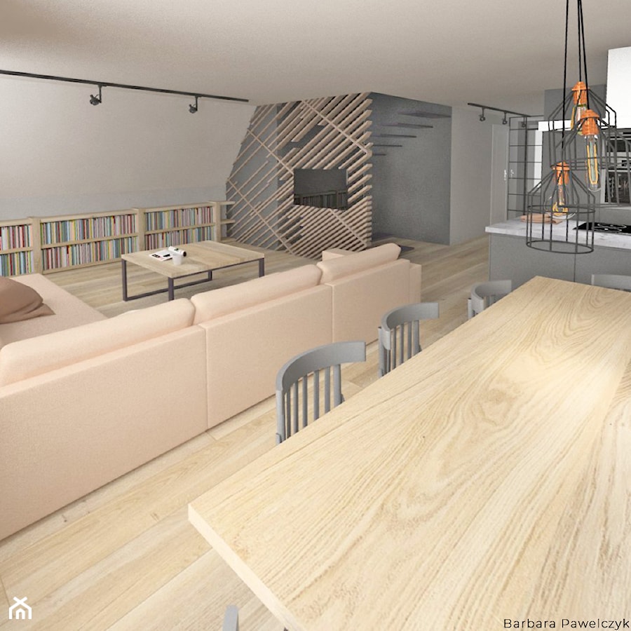 Mieszkanie na poddaszu - projekt - Średnia szara jadalnia w kuchni, styl nowoczesny - zdjęcie od Barbara Pawelczyk